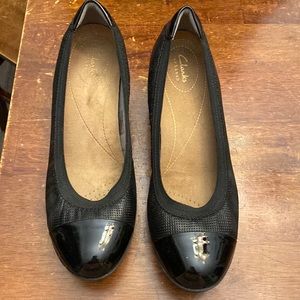 CLARKS Petula Sadie Slip On Black Leather Wedges